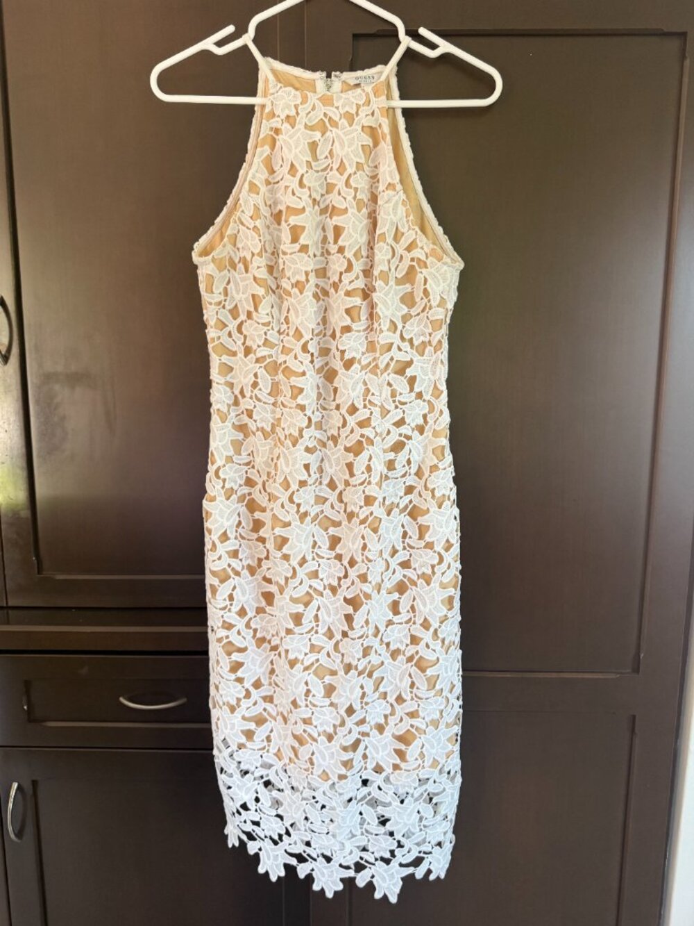 GUESS White Floral Lace Midi Dress | Nude Lining | Size Medium | Cocktail & Wedd